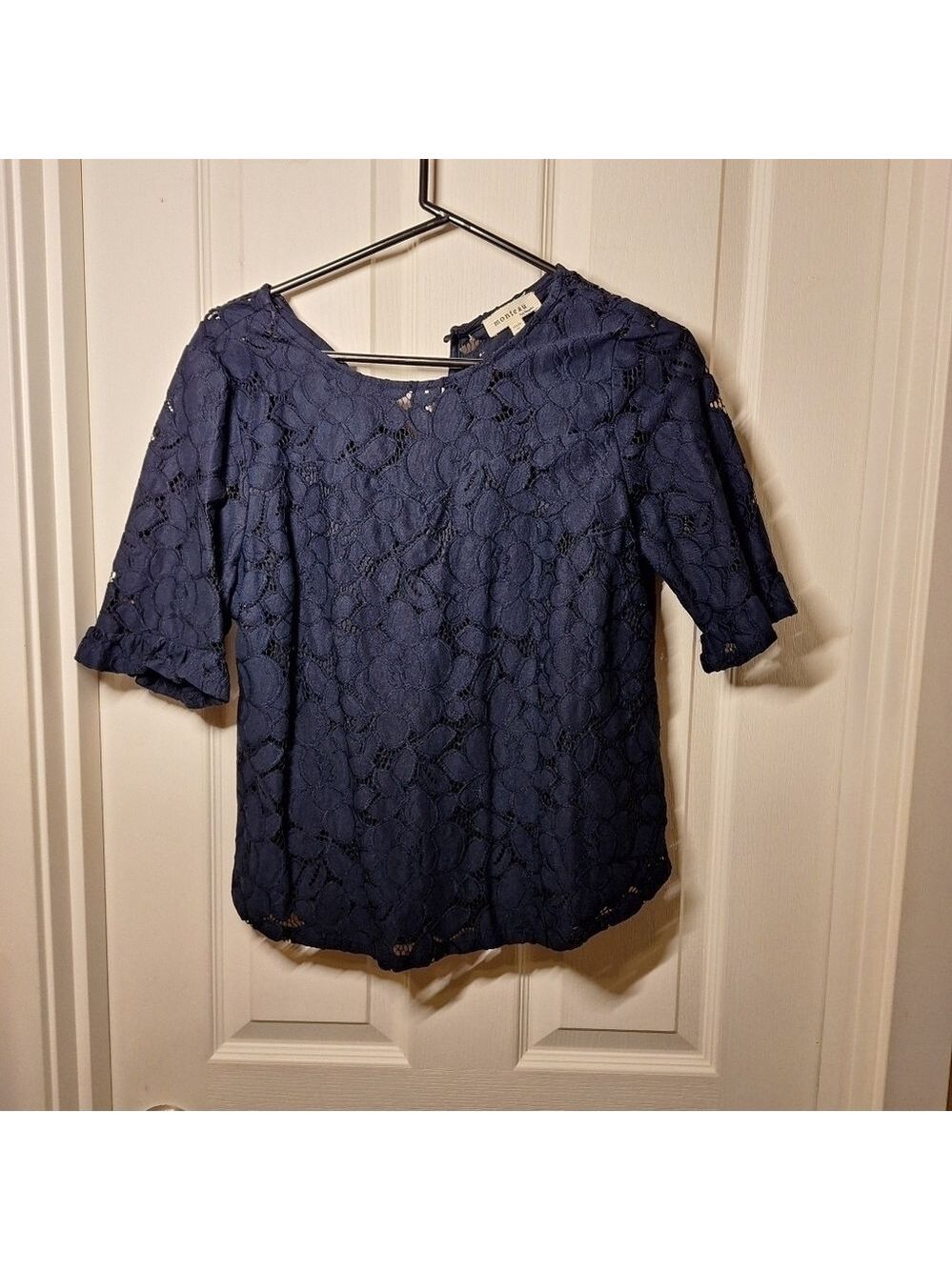 Monteau Navy Blue Floral Lace 3/4 Sleeve Blouse Large